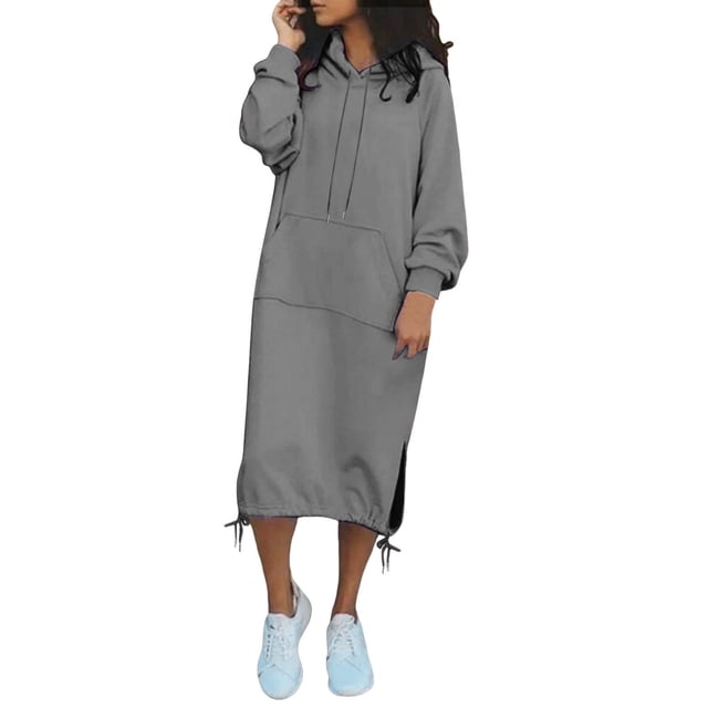 Women's Casual Loose Solid Color Drawstring Hoodie Fall Warm Fleece Sweatshirt Maxi Dress With Pocket