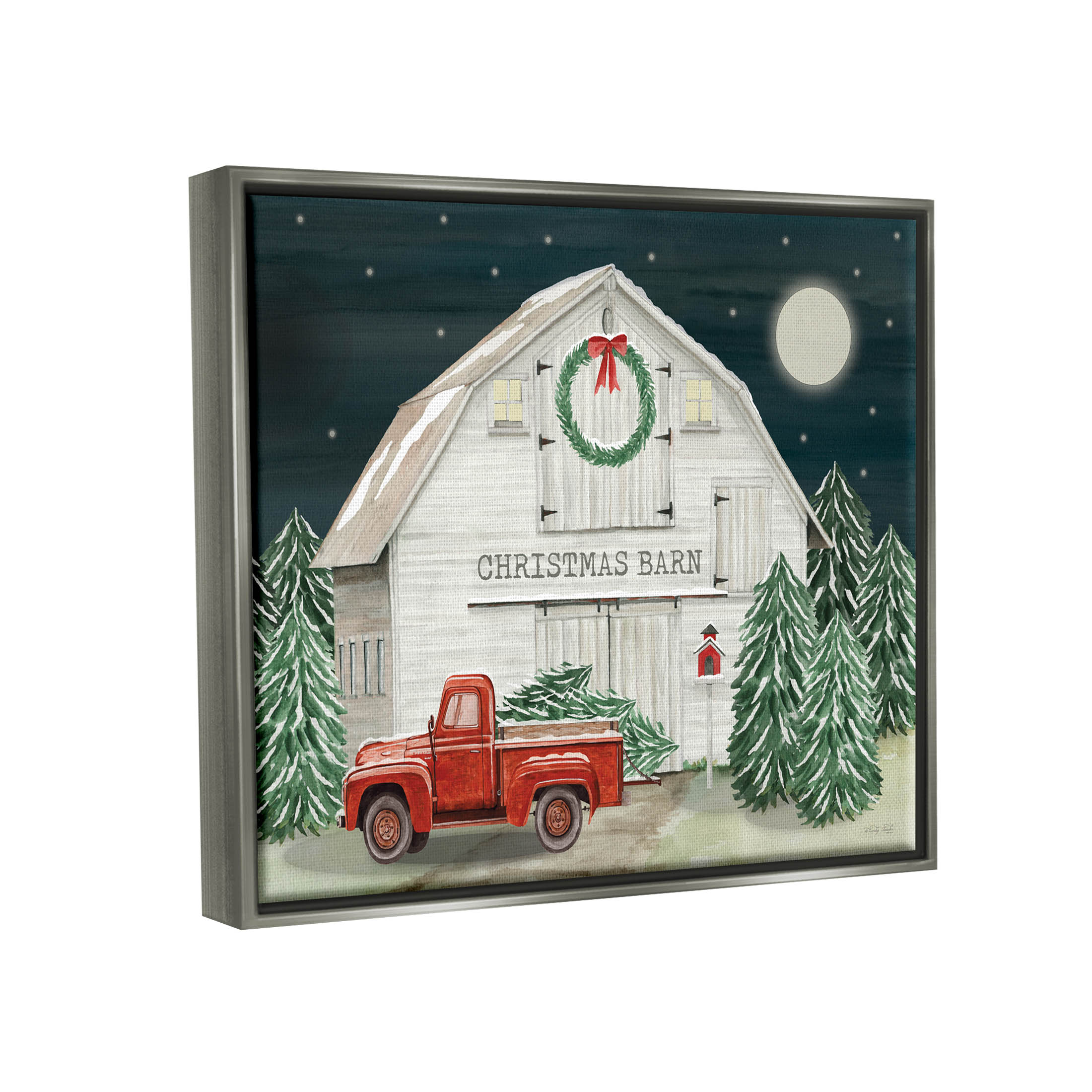 Nighttime Christmas Barn Farm Holiday Graphic Art Luster Gray Framed Art Print Wall Art