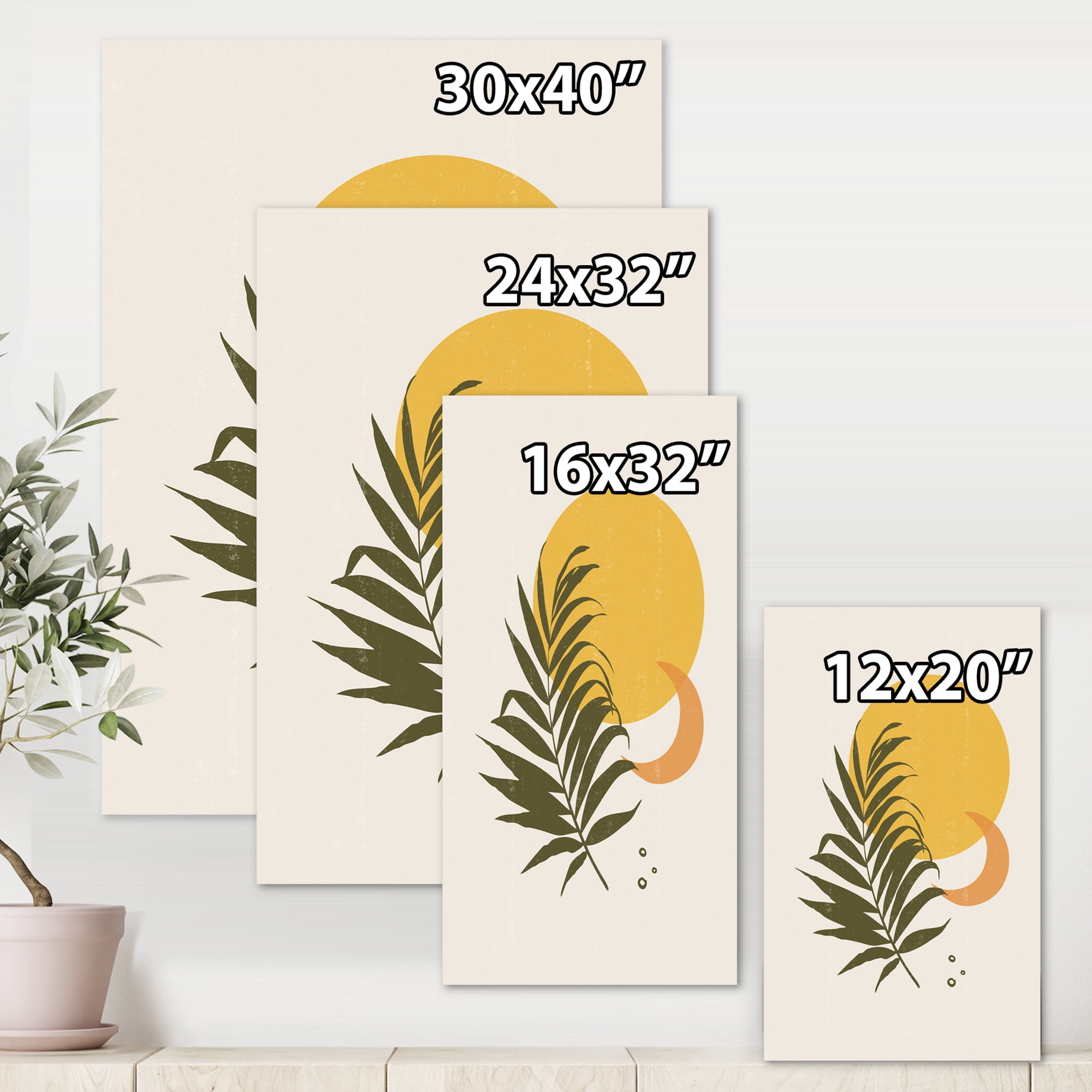 Designart ' Abstract Moon and Yellow Sun With Tropical Leaf I ' Modern Canvas Wall Art Print