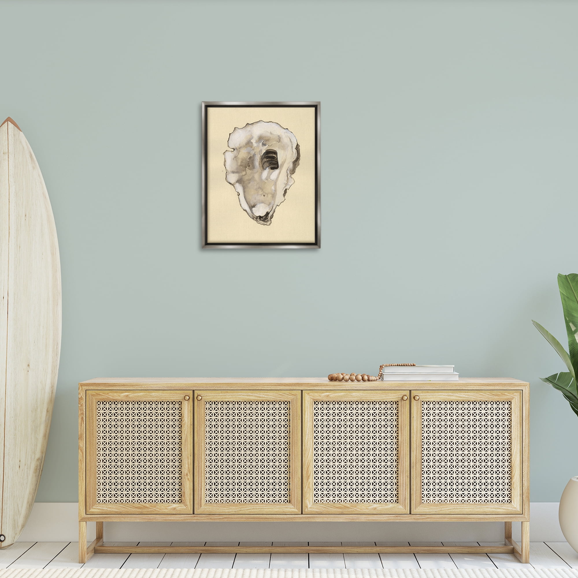 Stupell Industries Beige Oyster Shape Nautical & Beach Painting Gray Floater Framed Canvas Art Print Wall Art, 25 x 31