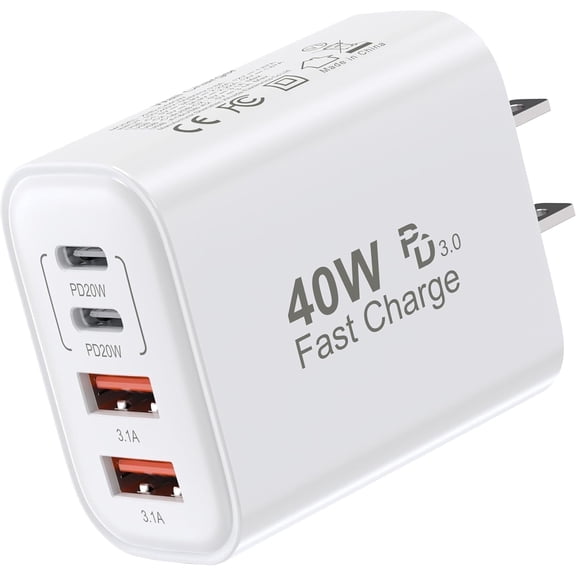 USB C Charger Block, 40W 4 Port PD+QC Wall Charger Block Fast Charging Box for iPhone 17 16 15 14 13 12 11 Pro Max XR XS 8 7 Samsung, White (1 Pack)