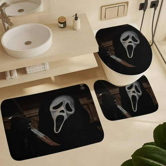 Ghostface Bathroom Rug Set 3 Halloween Bath Mats Coral Velvet Cover Floor Mat U-Shaped Shower Mat Toilet Lid Cover 16x24inch