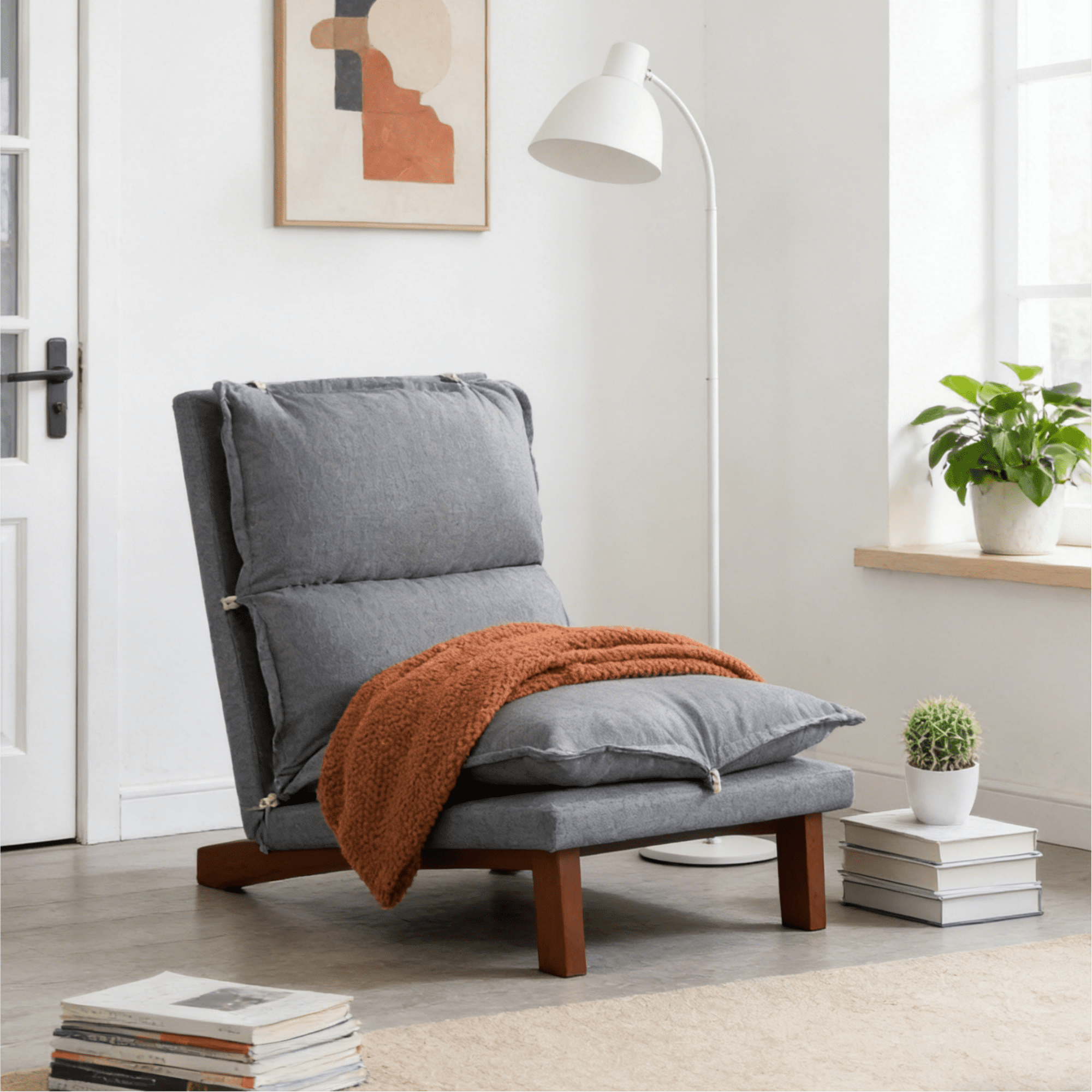 Gewnee Tatami Floor Recliner Chair - 5-Position Adjustable Lounge Chair with Solid Wood Frame,Linen Fabric & High-Density Sponge,Easy Assembly for Living Room,Bedroom,Game Room