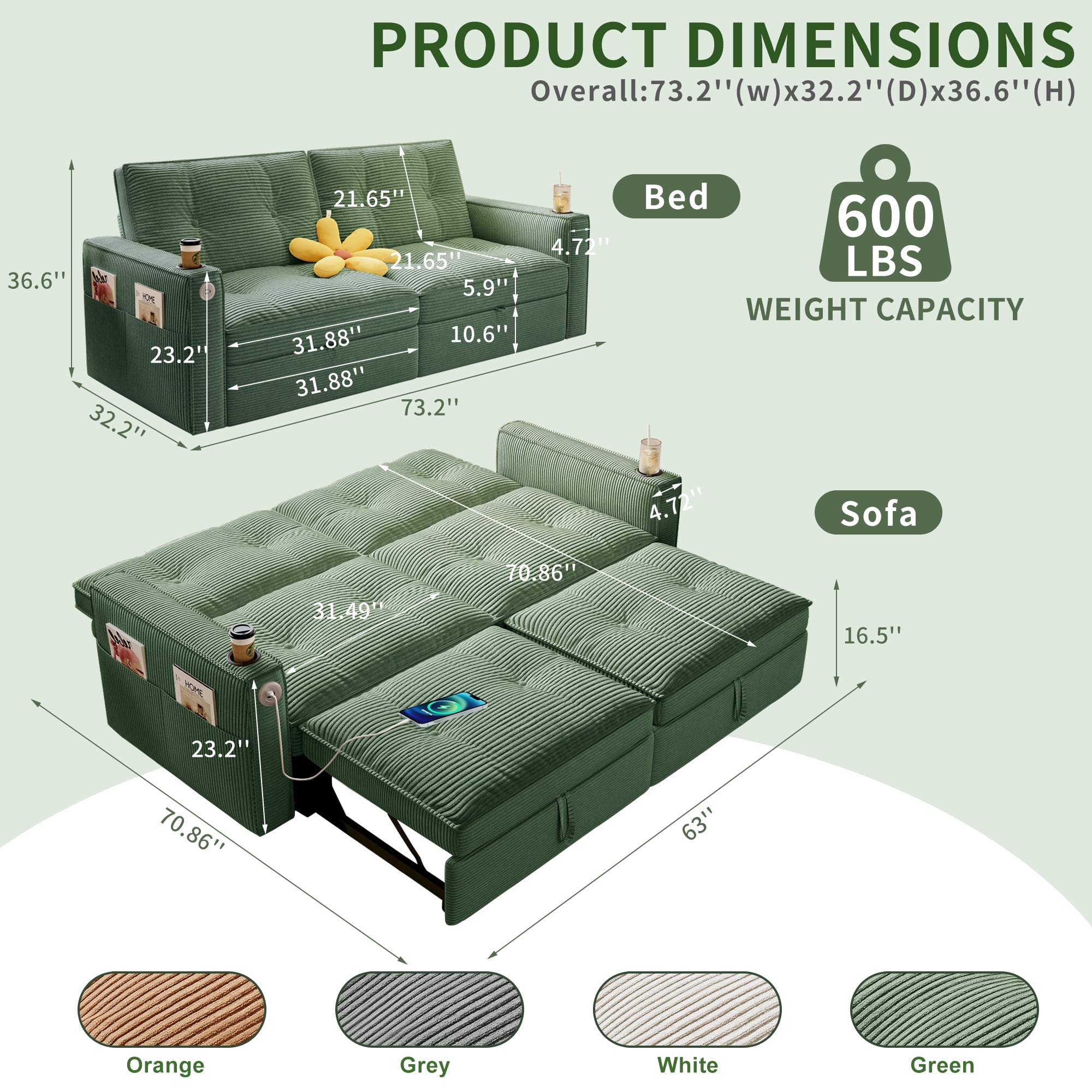 3-in-1 Multi-Functional Sleeper Sofa Bed, Upholstered Corduroy Convertible Loveseat Lounge, Indoor Daybed for Living Rooms/Bedrooms