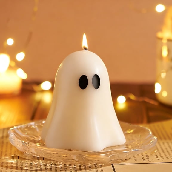 DAMAI Halloween Ghost Candle, Solid White Paraffin Wax Ghost Shaped Table Candle, Ornament For Mantel Farmhouse Desktop Display Halloween Party Atmosphere Decor