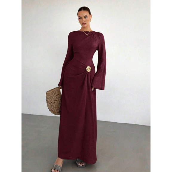 Burgundy Twist Front Flare Long Sleeve Maxi Dress With Ornamental Buckle