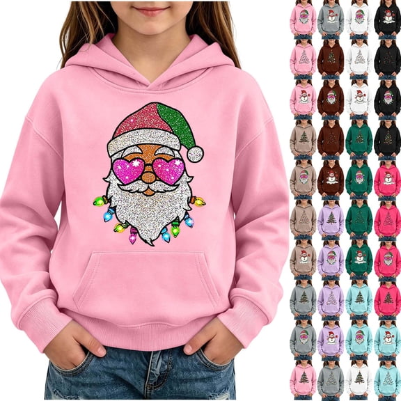 Hvogkswy Christmas Hoodies for Girls Trendy Festive Printed Hooded Sweatshirt Cozy Long Sleeve Pullover Tops with Kangaroo Pocket 5-14 Years