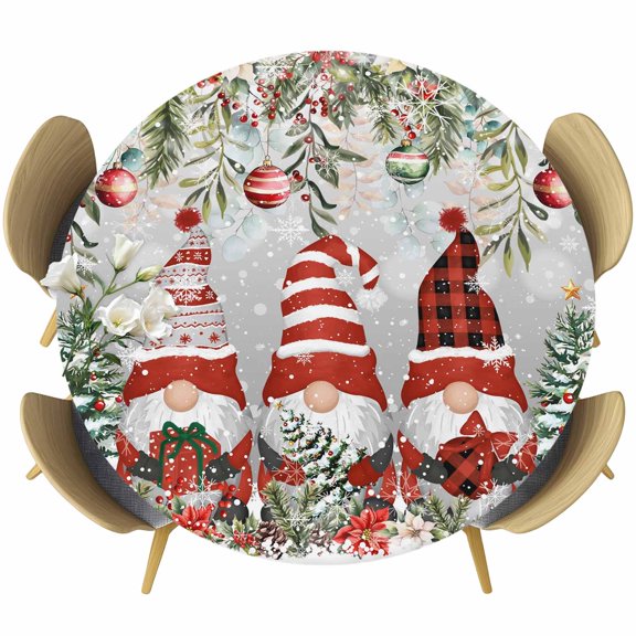 Grey Christmas Round Tablecloth, Fitted Table Cover with Elastic for 45"-54" Round Tables, Gnomes Xmas Tree Poinsettia Eucalyptus Table Cloth Outdoor Indoor Dinning Party Waterproof Tablecloths