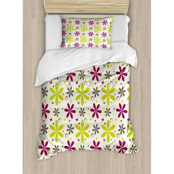 Ambesonne Floral Duvet Cover Set, Florets Circle Hoop, Twin, Apple Green Dark Taupe