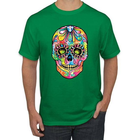 Wild Bobby Dean Russo Colorful Sugar Skull Streetwear Men Graphic Tee, Kelly, 3X-Large
