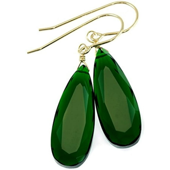 14k Yellow Gold Filled Green Simulated Emerald Earrings Faceted Teardrops Simple Dangle Drops 1.7" Designed for Adult Women