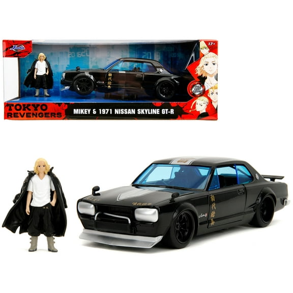 1971 Nissan Skyline GT-R RHD (Right Hand Drive) Black with Silver Stripe and Mikey Diecast Figure "Tokyo Revengers" (2021) TV Series "Anime Hollywood Rides" Series 1/24 Diecast Model Car by Jada