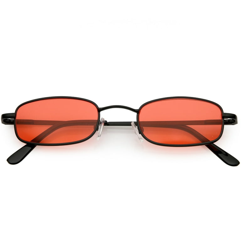 Red Rectangular Sunglasses Thin Small Frame BRAND NEW - Dark Tint 100% UV Black Wide Rectangle Rimless Tinted Sunglasses with Red  main image 4