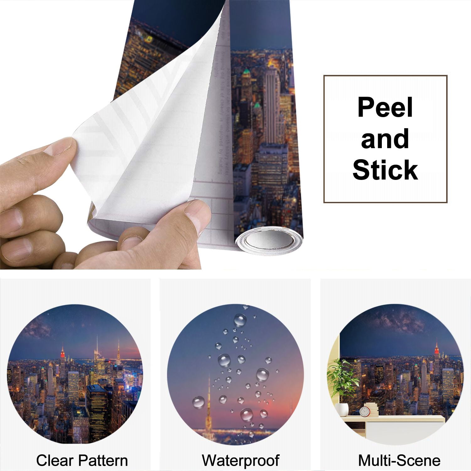 Peel and Stick Wallpaper New York City Skyline Night Stars Bright City Lights Modern Art Wall Mural Decor Self Adhesive and Removable 69in x 98in