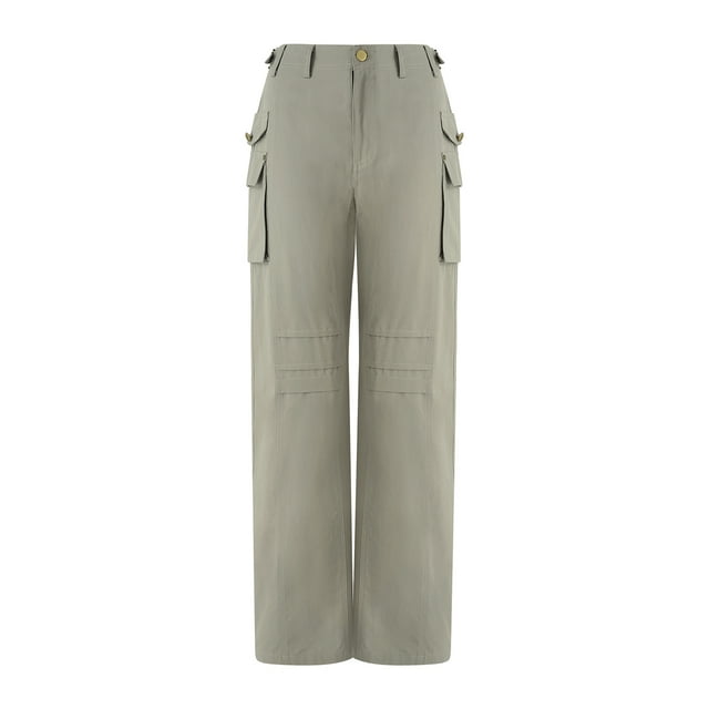 VISgogo Pantalones casuales para mujer, cintura baja, color sólido, múltiples bolsillos, pierna ancha, pantalones largos sueltos VISgogo moda