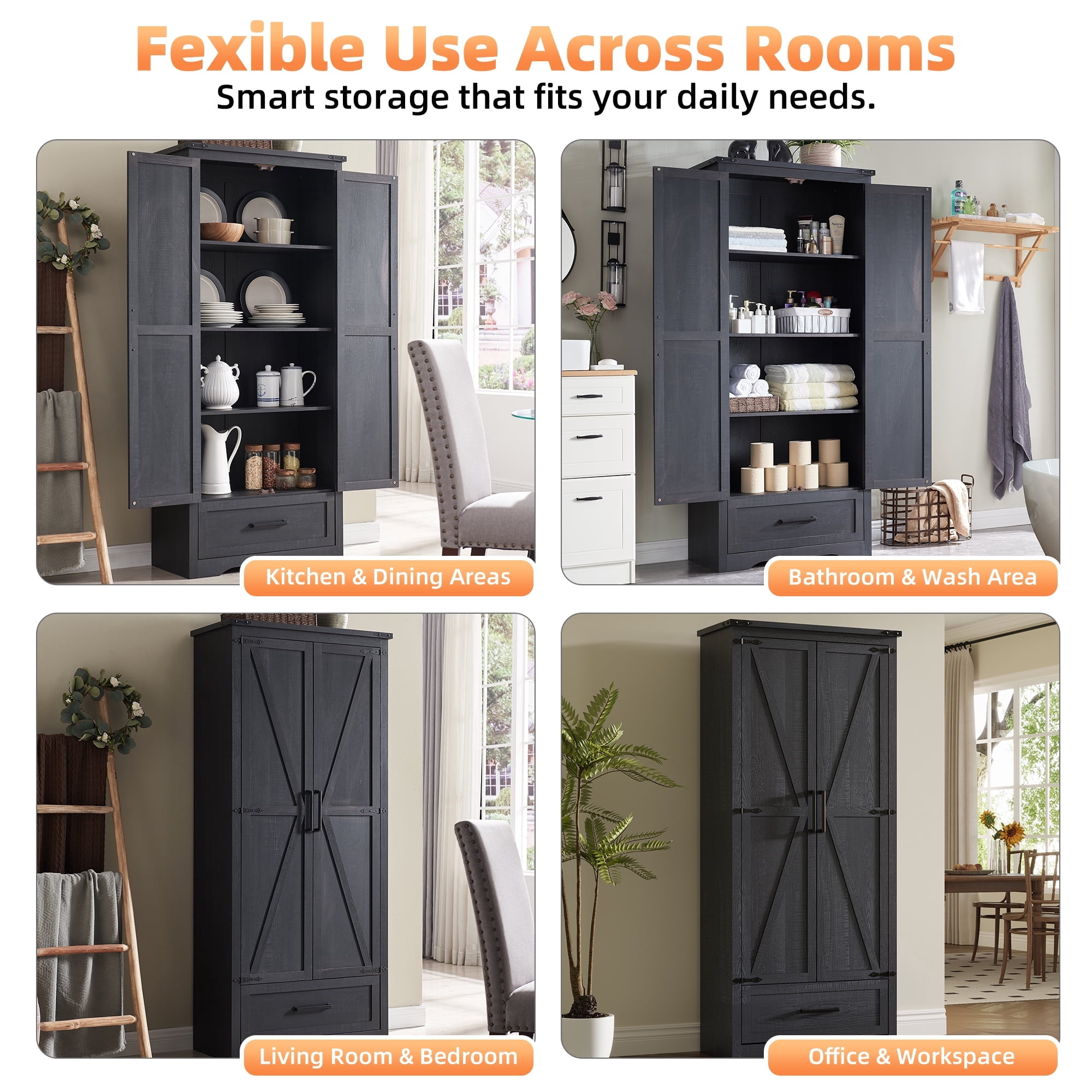 IFMUST 72" Farmhouse Kitchen Pantry Storage Cabinet with Barn Doors & Adjustable Shelves