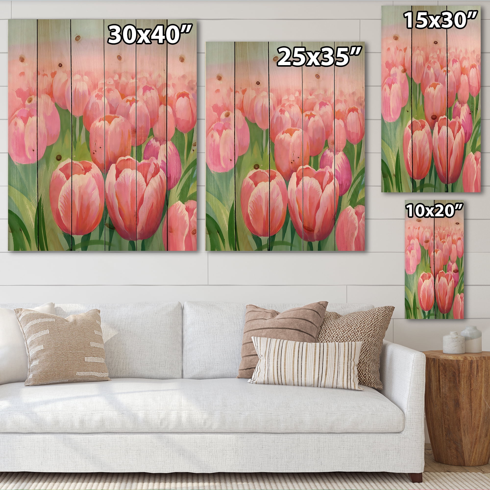 Designart 'Pink Tulips in Field' Traditional Print on Natural Pine Wood