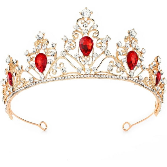 Women‘s Wedding Crown Gold Rhinestone Crowns and Tiaras Red Queen Tiaras Bride Crystal Headpiece Bridal Hair Accessories for Wedding Birthday Halloween