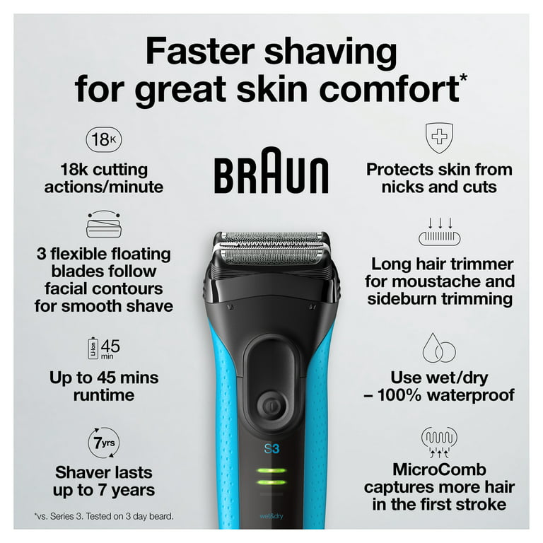 Precision Electric Shaver 3040s Men\'s Rechargeable ProSkin Trimmer Dry with Series 3 Wet Braun