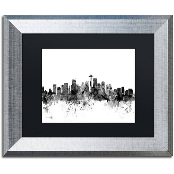 Trademark Fine Art "Seattle Washington Skyline B&W" Canvas Art by Michael Tompsett, Black Matte, Silver Frame
