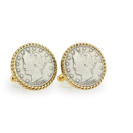 American Coin Treasures 1883 First-Year-of-Issue Liberty Nickel Goldtone Rope Bezel Cuff Links