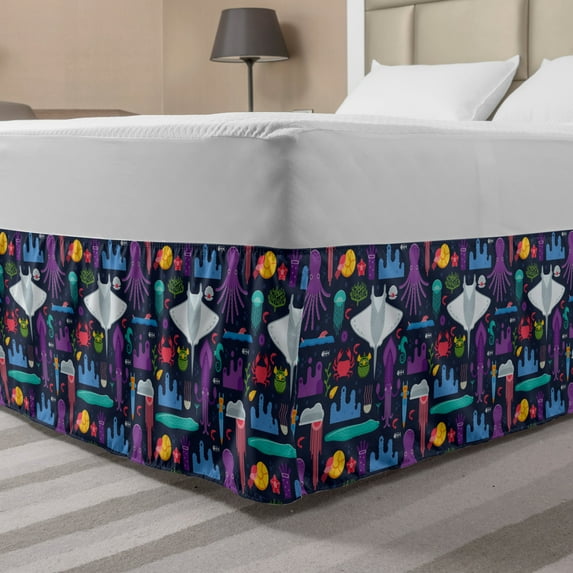 Octopus Bed Skirt, Cartoon Style Underwater Creatures with Ocean Aquatic Inhabitants and Exotic Fishes, Elastic Bedskirt Dust Ruffle Wrap Around for Bedding Decor, 4 Sizes, Multicolor, by Ambesonne