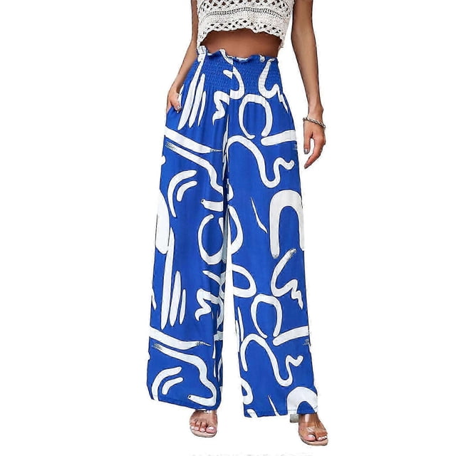 Women Floral Print Palazzo Pants Summer Bohemian Wide Leg Pants High Waist Casual Lounge Pant Trousers with Pockets Yellow X