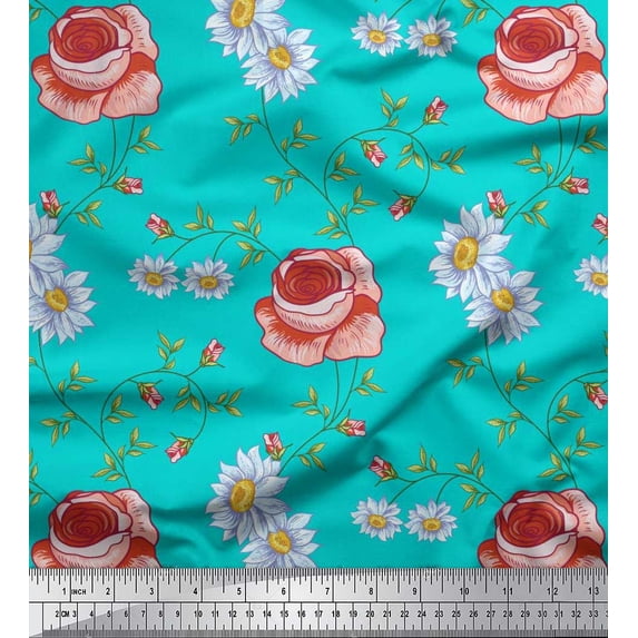 Soimoi Cotton Poplin Fabric Leaves & Daisy Floral Print Fabric by Yard 42 Inch Wide