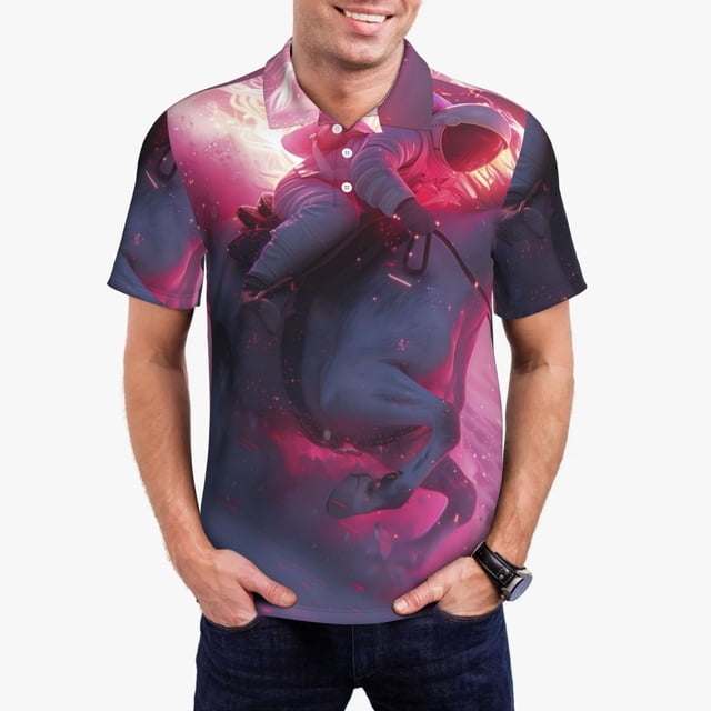 Fotbe Astronaut Riding Fiery Horse Camiseta Polo de Golf para Hombre con Estampado – Camisa Deportiva Transpirable con Cuello Abotonado-Small