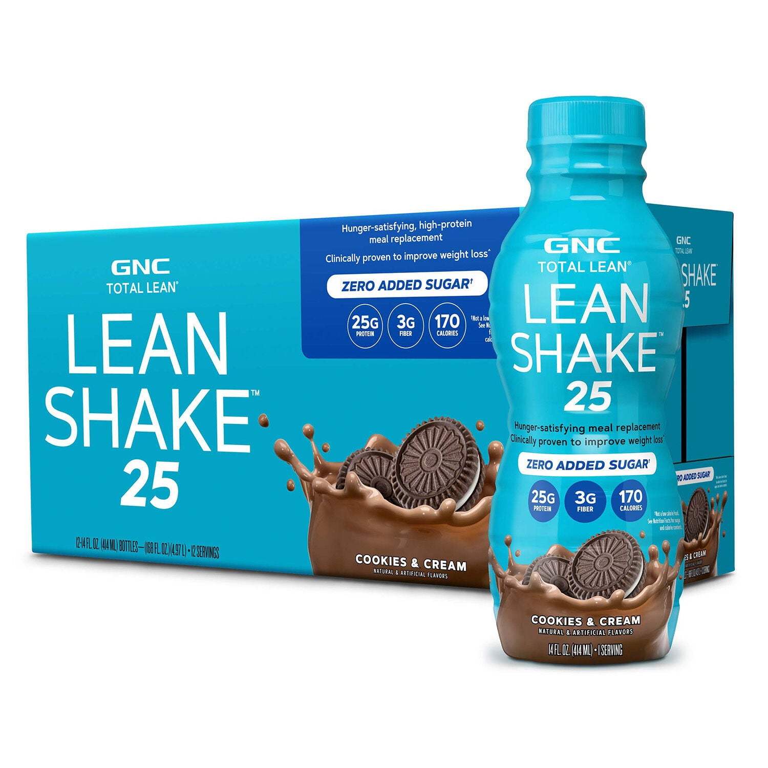 GNC Lean Shake 25 Protein Shake, Meal Replacement, Cookies and Cream, 25g Protein, Clinically Proven Weight Management, Ready To Drink, Zero Added Sugar, 14 oz Bottles, Pack of 12
