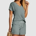 thumbnail image 3 of Women's Two Piece Outfits Short Sleeve V-Neck Blouses & Shirts Sets 2PC Women's V Neck Shorts Sleeve Two-piece Comfortable Home Pajamas Set Sports Set Summer Outfits 2024 Trendy Gray xl, 3 of 5