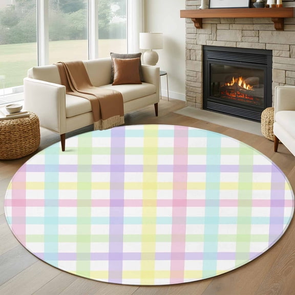 Round Rug 6Ft Washable Non-Slip, Green Beige Plaid Circle Area Rugs for Living Room Bedroom, Buffalo Farmhouse Art Checkered Indoor Floor Mats Carpet Runner for Home Decor Aesthetic
