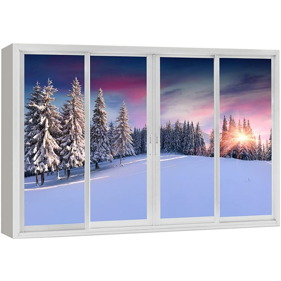 wall26 Canvas Print Wall Art Window View Pastel Sunset Snowy Pine Tree Forest Wilderness Nature Photography Realism Scenic Landscape Colorful Multicolor for Living Room, Bedroom, Office - 12"x18