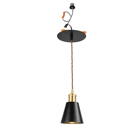 KAYYELAMP 1 Pcs Recessed Retrofit Pendant Conversion Kit E26 Power Connector 3.2 Ft Adjusted Cord Modern Style Black Mini Shade Brass Base Hanging Light for Home Office(No Bulb)