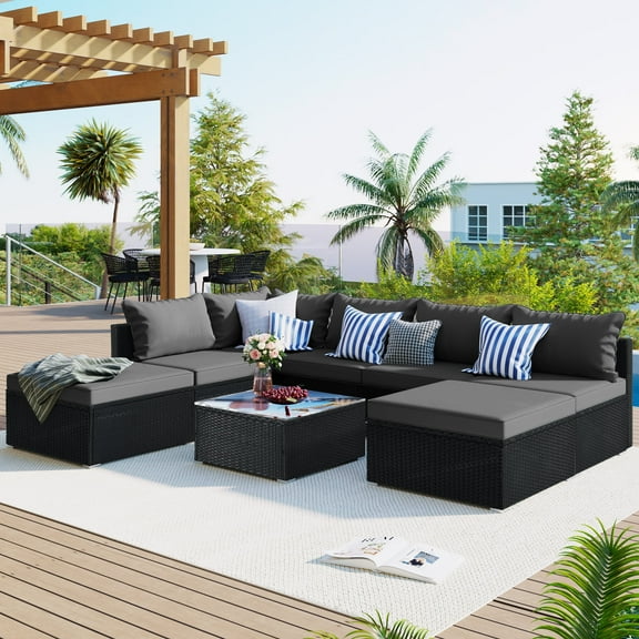 ENYOPRO Rattan Patio Sectional Sofa, 8 PCS Outdoor Couch Sets with Table, L-shaped Corner Sofa, Black Wicker Patio Furniture for Backyard Deck Poolside