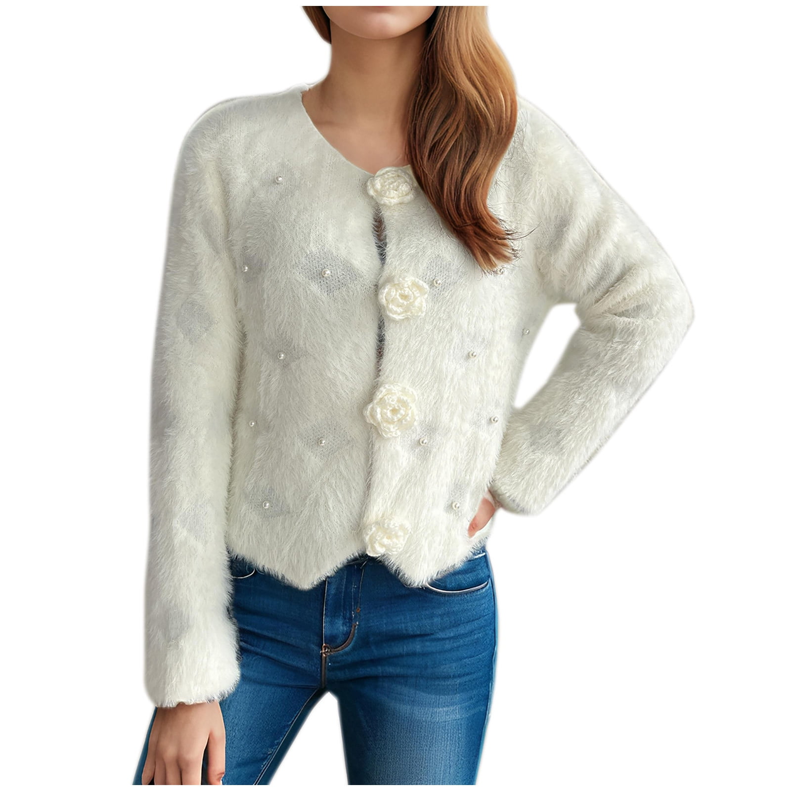 Olyvenn Women's Mohair Sweater – Fuzzy Mohair Cardigan Pearl Soft