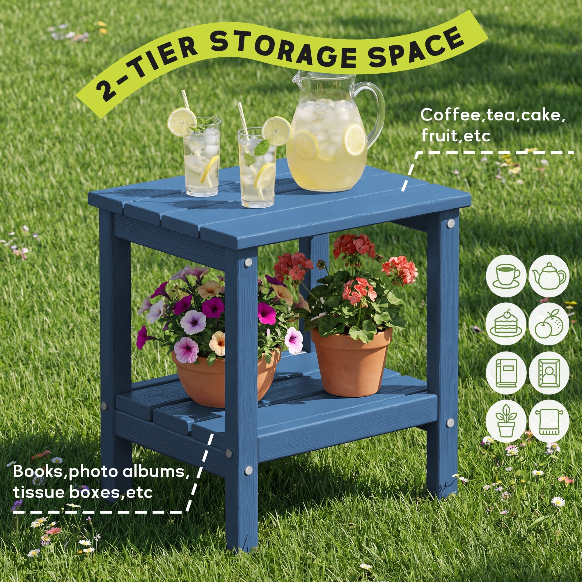 FUNDAZE HDPE 2-Layer End Table for Living Room, Outdoor Side Table, Patio Small End Table, Navy Blue