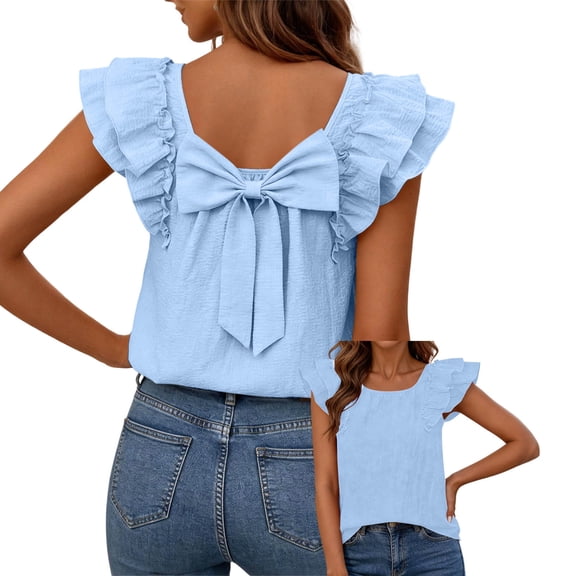 biudgviw Womens Blouses Summer Ruffle Sleeveless T-Shirt Casual Loose Crewneck Bow Tie Back Tops Elegant Spring Outfits