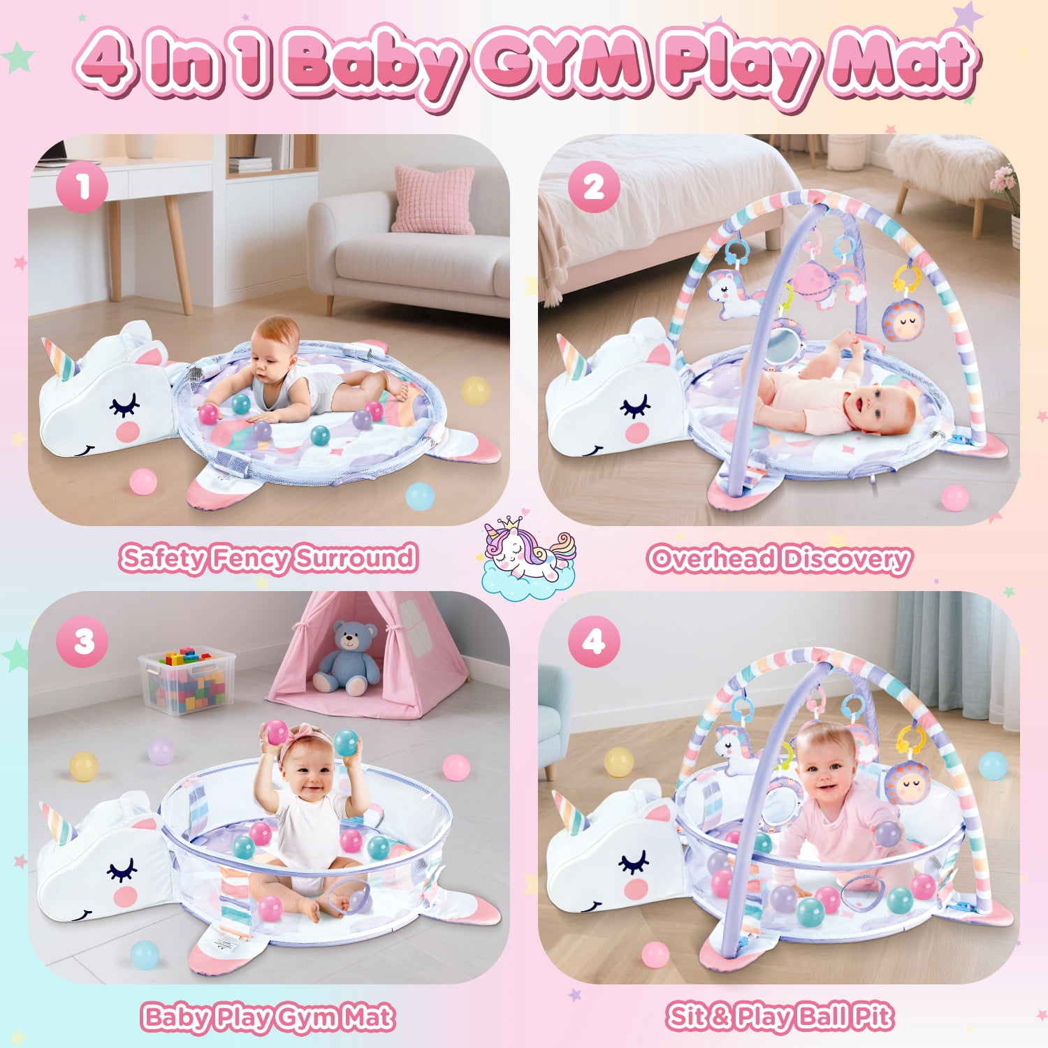 Beefunni Baby Play Mat, 4-in-1 Unicorn Tummy Time Mat & Ball Pit, Baby Activity Play Mat, Gym & Sensory Toys, 0-12 Months