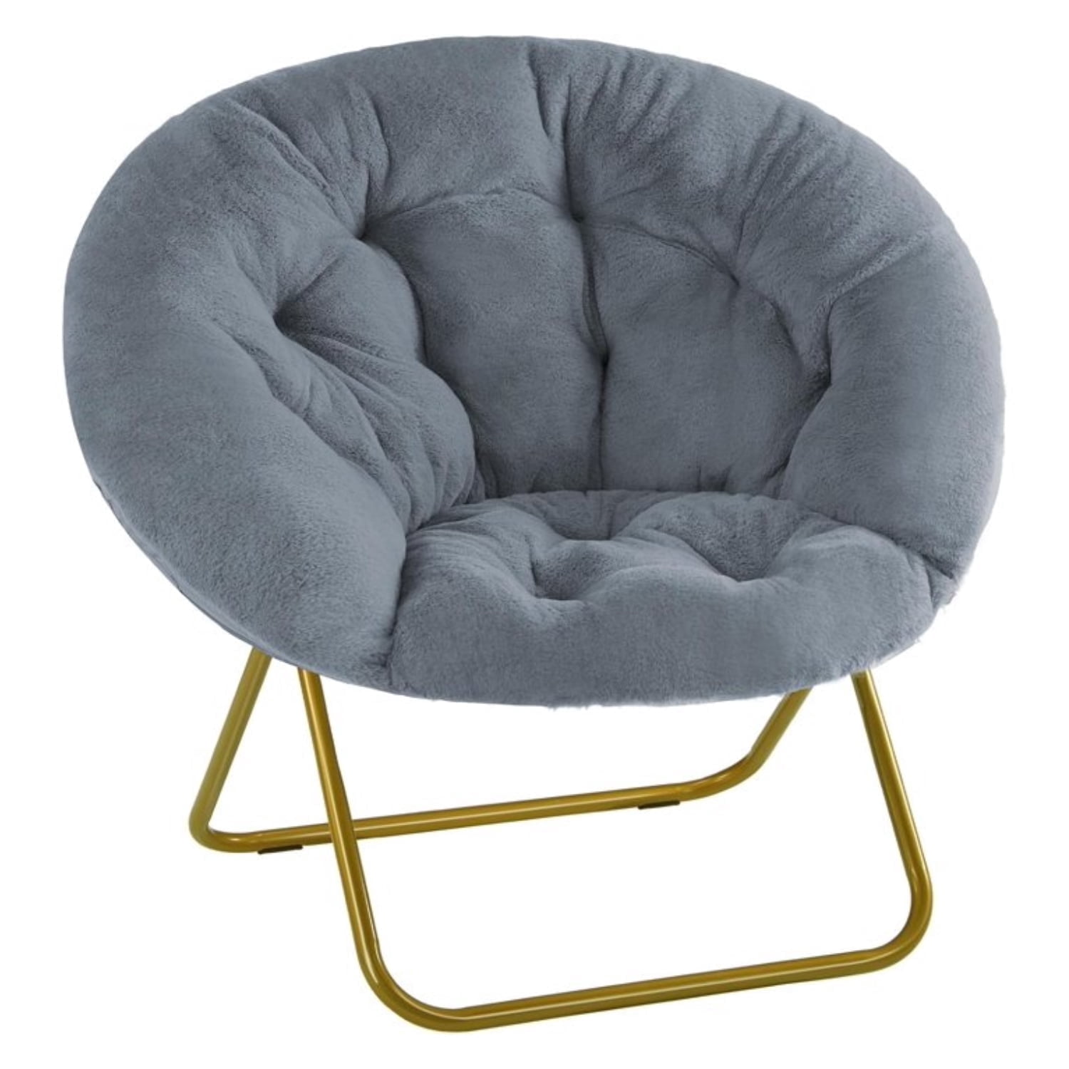 Comfy Saucer Chair, Folding Cozy Faux Fur Accent Seat with Thick Padded and Metal Frame, Single Leisure Chair for Living Room Bedroom, Gray
