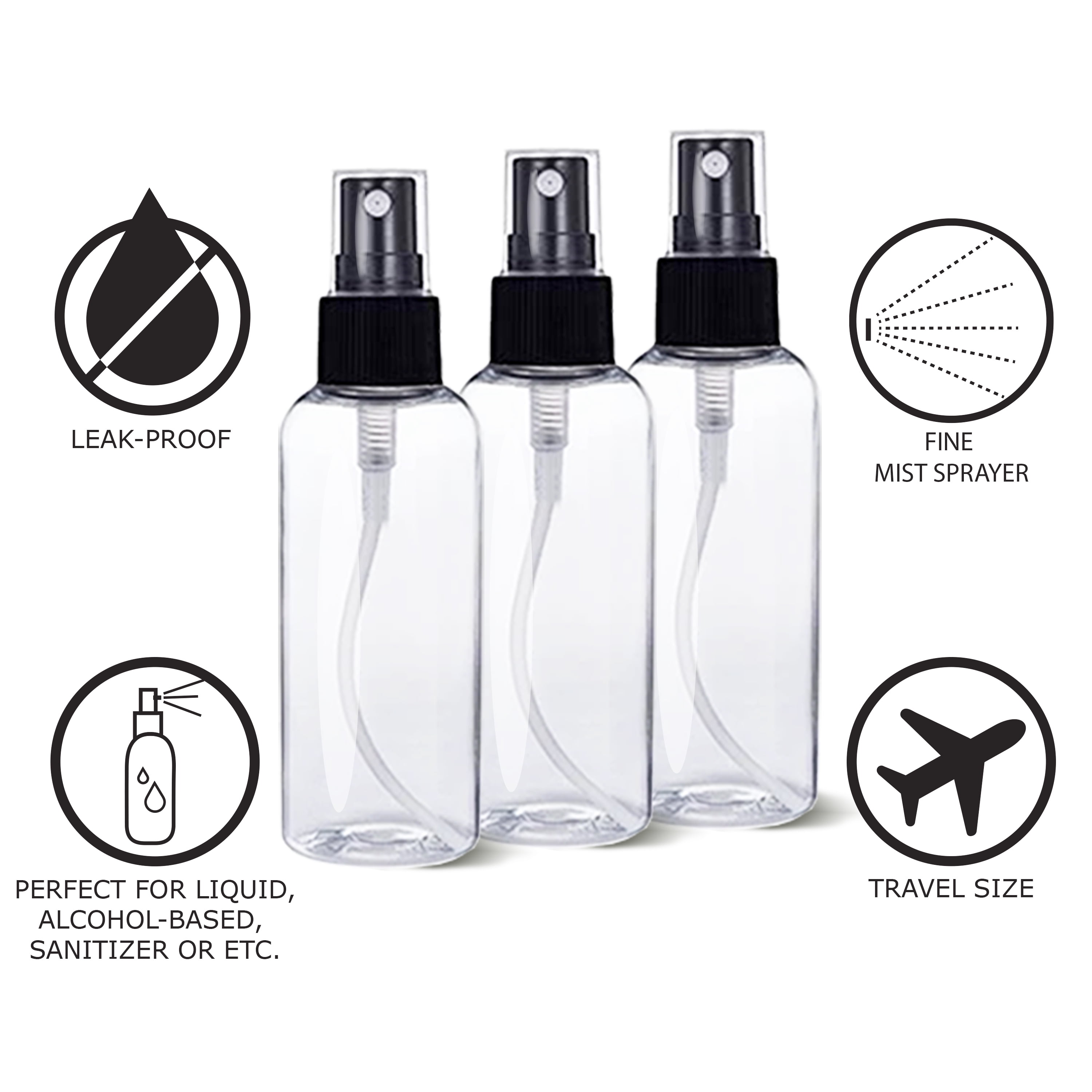 2oz Clear Plastic Spray Mist Bottles - Set of 3 - Empty Bottles with Pump Spray Cap - Travel Size 2 Ounce - by Chica and Jo