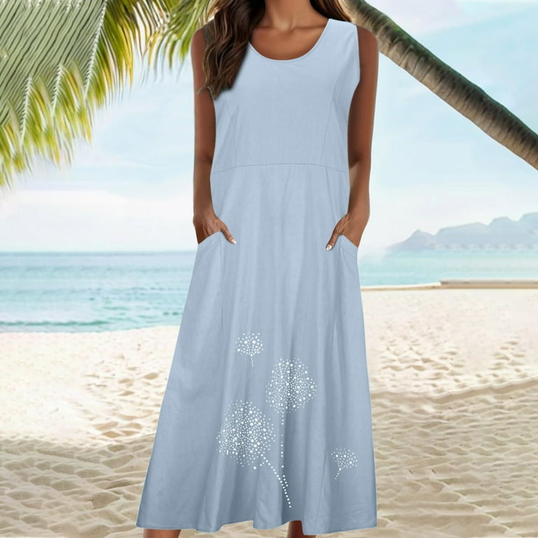 Sleeveless Dress Linen Dress Xl Ambraee Linen V-Neck Sleeveless A-Line Midi Casual Dress