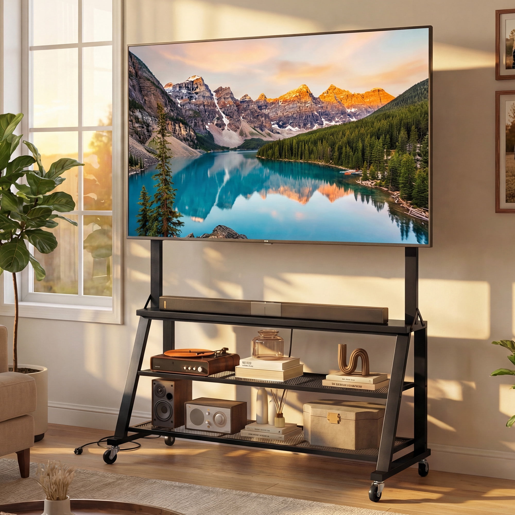 Uforic 46"W Rolling TV Stand with Lockable Wheels & Power Outlets, Mobile Cart for 32-75 Inch TVs, Black Oak