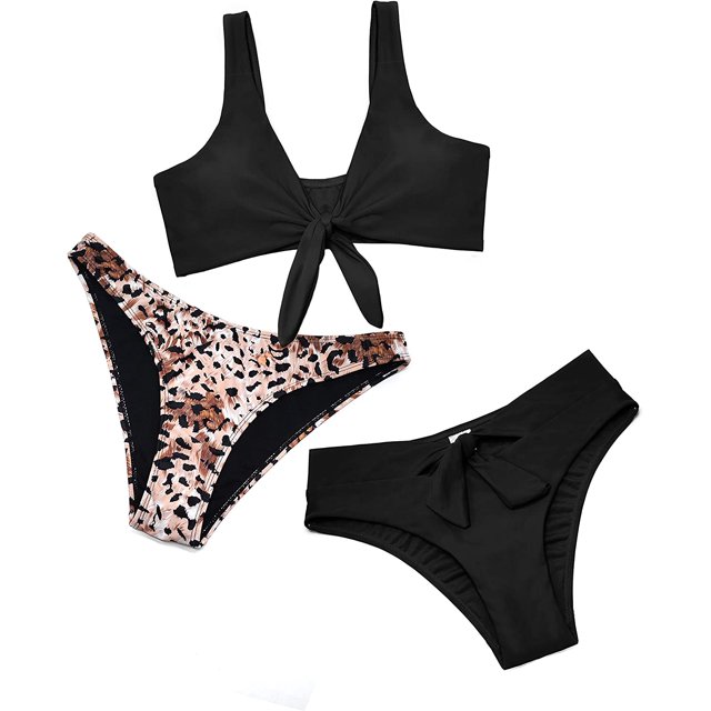 Bikini de Cintura Alta con Nudo Delantero para Mujer,Traje de baño de Tres Piezas Negro - Three Pieces G Negro - Three Pieces G Xishao ropa