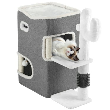 Dextrus Modern Cat Cube Condo, 2-Tier Indoor Cat House,Cat Tunnels with Scratch Pad and Hideaway Cube, 17.7"L x 13.7"W x 24.8"H,Cactus,Gray