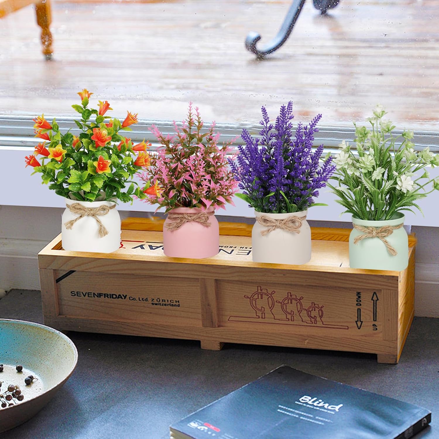 6pcs Artificial Pot Flowers Small Fake Plants with Pot Mini Potted Plants for House Office Tabletop Decoration