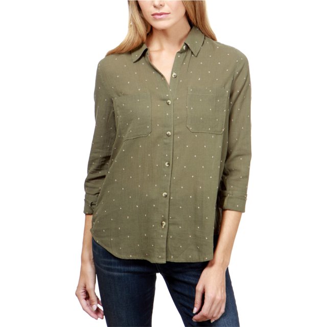 Camisa con botones Lucky Brand para mujer verde extragrande con detalles metálicos altos y bajos