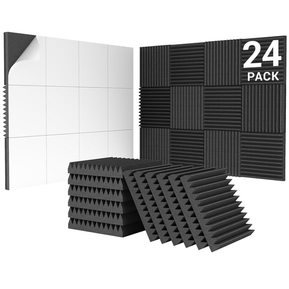 24 Pack-12 * 12 * 2 Inches Self-Adhesive Acoustic Foam Panels, TONOR 3D Pyramid Designed Sound Pannels for Absorption of Echoes, Fast Expand, Sound Absorbing Foams Suitable for Home and Studio, Black