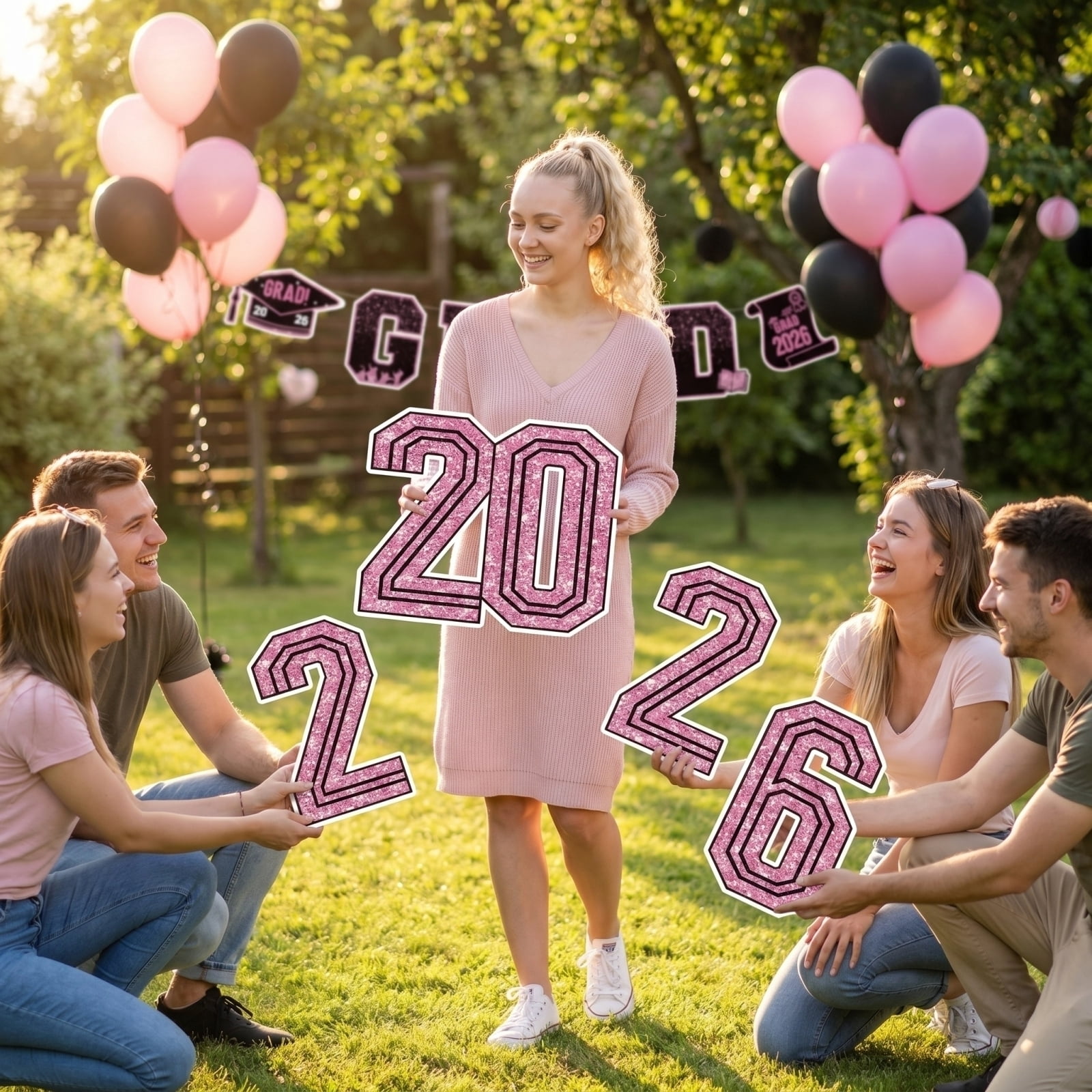 Graduation Decorations Class of 2026, Pink Glitter Decor, 2026 Big Numerals, Grad Cap Decor, Yard Sign, Scroll, Badge, Outdoor Graduation Celebration, 10 Set, Pink Accent Pieces