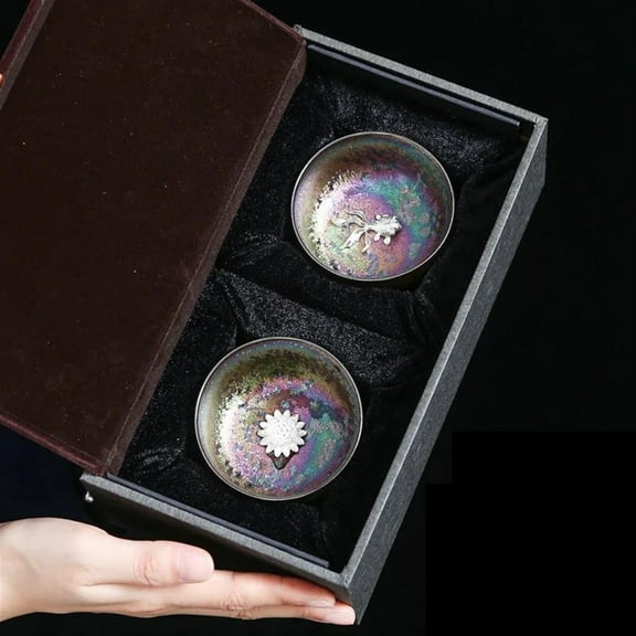 2Pcs Jianzhan Tea Cup Set Kung Fu Tea Set Ceramic Tea Cup Inlaid Silver Tea Bowl Teacup Colorful Tianmu Master Tea Cup Gift Box